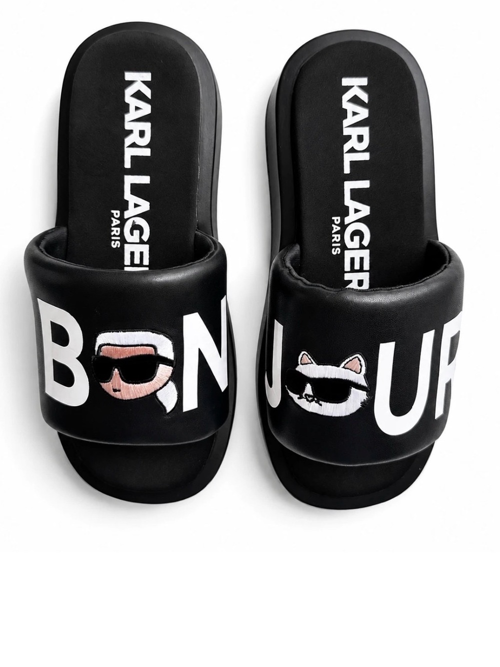 NEW KARL LAGERFELD Paris Women Opal Bonjour Platform Slide Black Sandals,Sz.9.5